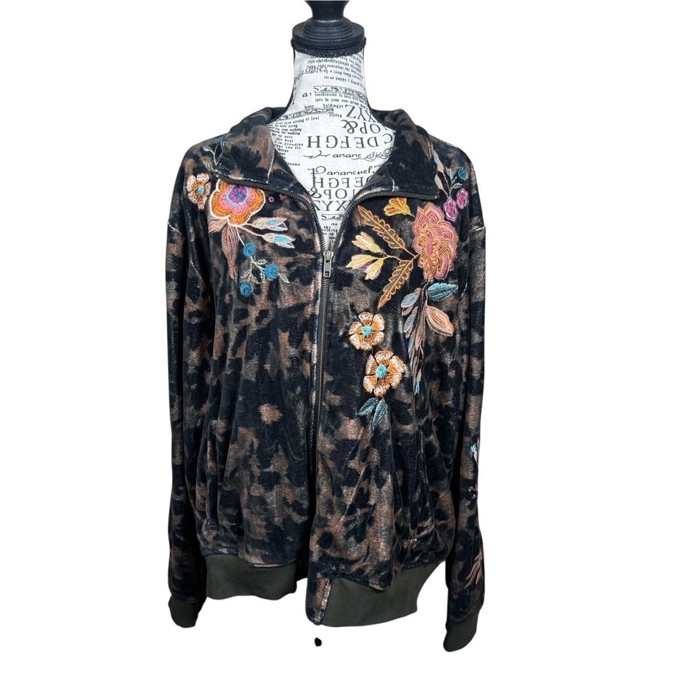 Johnny Was Leopard Velvet Floral Embroidered Zip Up Bomber Jacket‎ XXL Womens